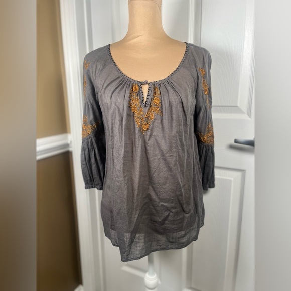 Anthropologie Floreat Charcoal Blouse with Mustard Color Embroidery Size 2 - Picture 8 of 11